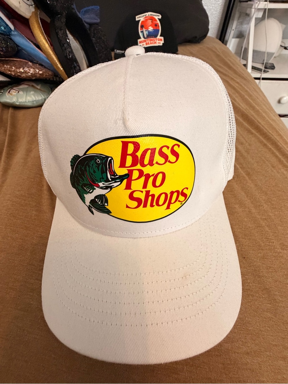 Bass Pro Shops White Hat with Yellow Logo and Green Fish
